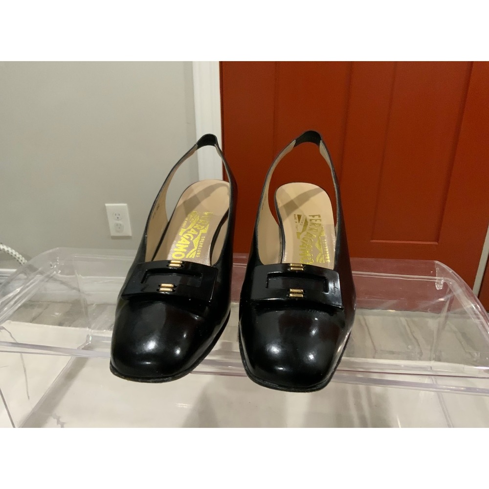 Salvatore Ferragamo Black Patent Leather Slingback Pumps Square Toe E56 8.5 AA - Picture 5 of 11